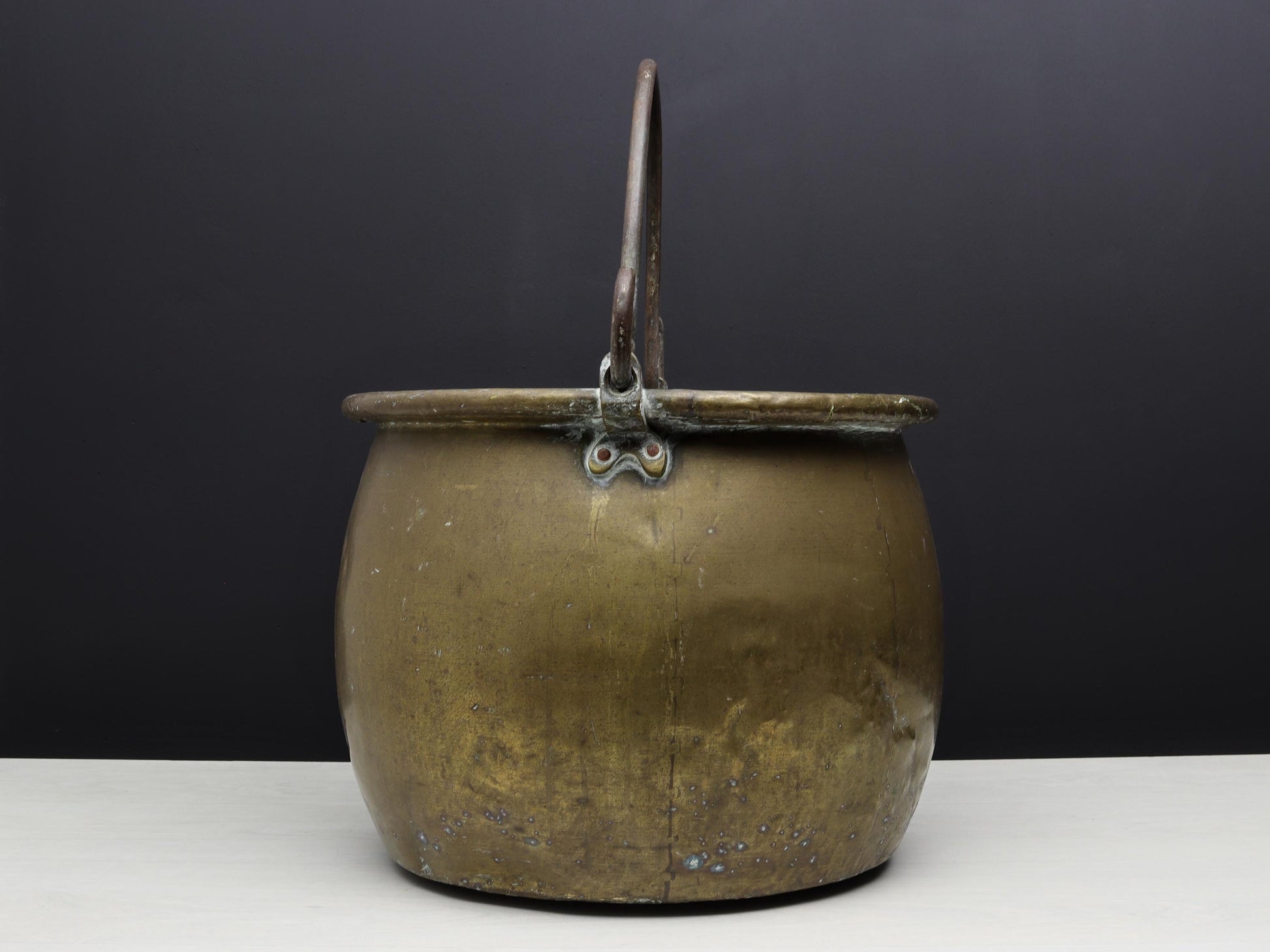 Antique Brass Kettle Cauldron - Late 1800s Copper Finish Firewood Log Holder