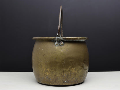 Antique Brass Kettle Cauldron - Late 1800s Copper Finish Firewood Log Holder