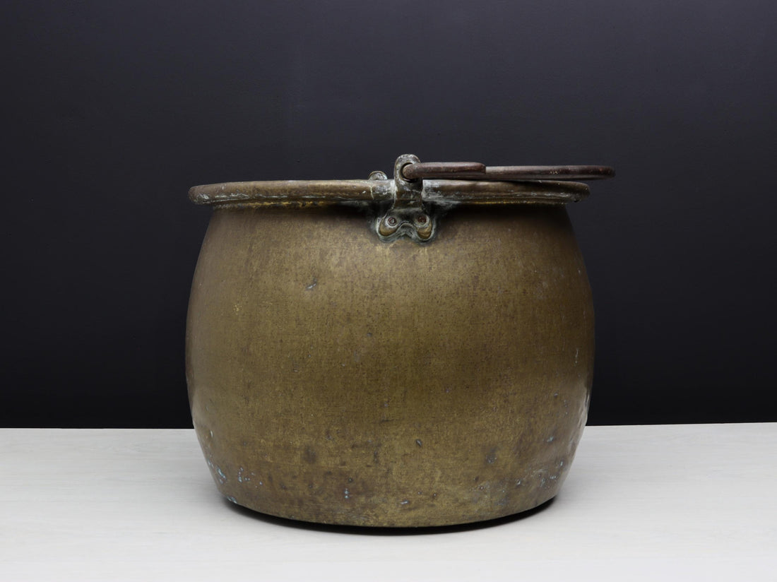 Antique Brass Kettle Cauldron - Late 1800s Copper Finish Firewood Log Holder