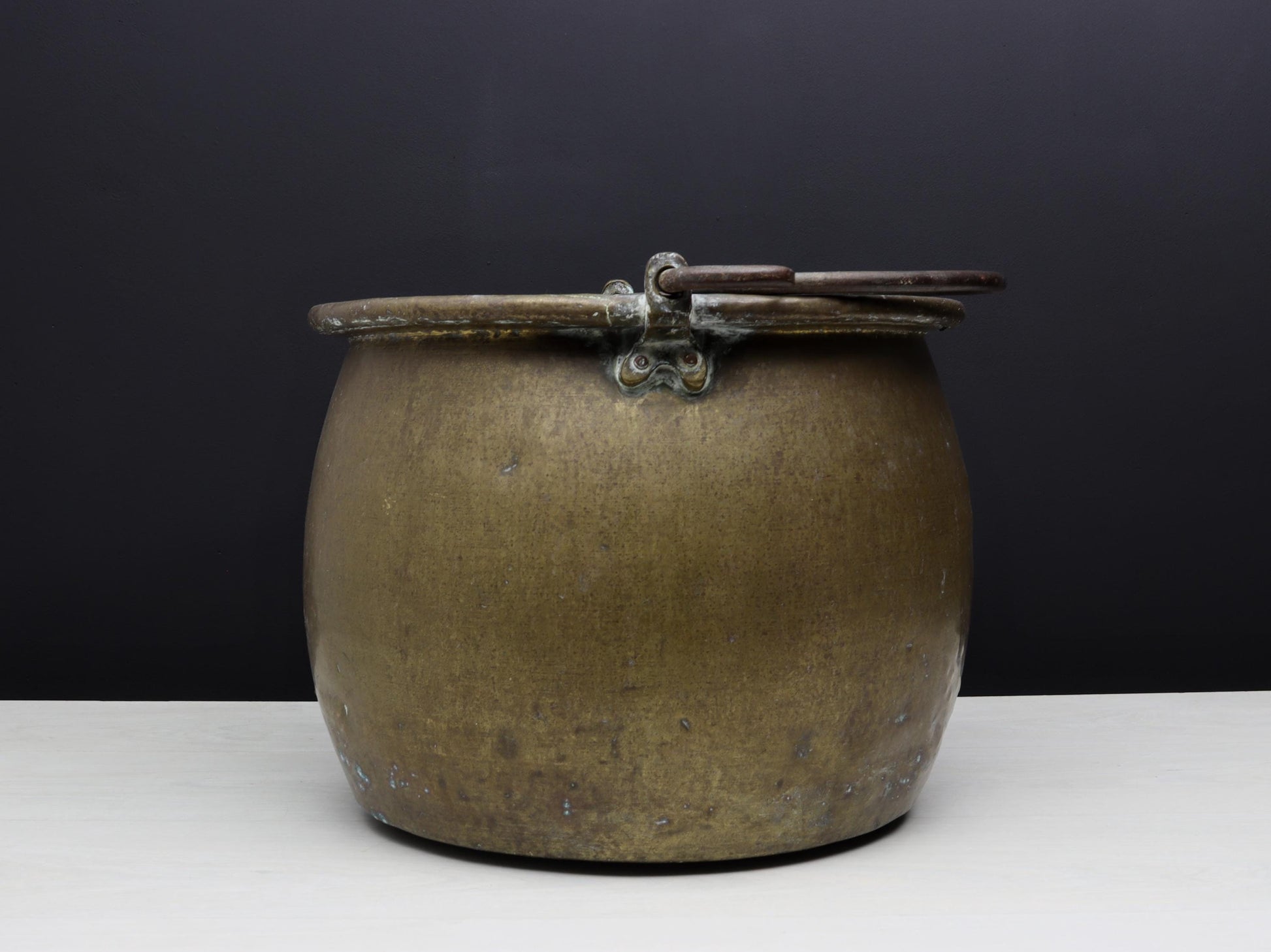 Antique Brass Kettle Cauldron - Late 1800s Copper Finish Firewood Log Holder