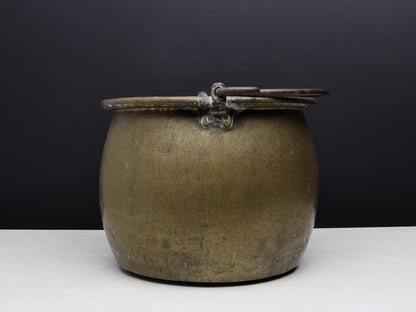 Antique Brass Kettle Cauldron - Late 1800s Copper Finish Firewood Log Holder