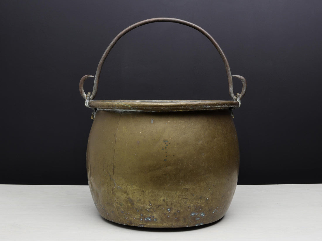 Antique Brass Kettle Cauldron - Late 1800s Copper Finish Firewood Log Holder