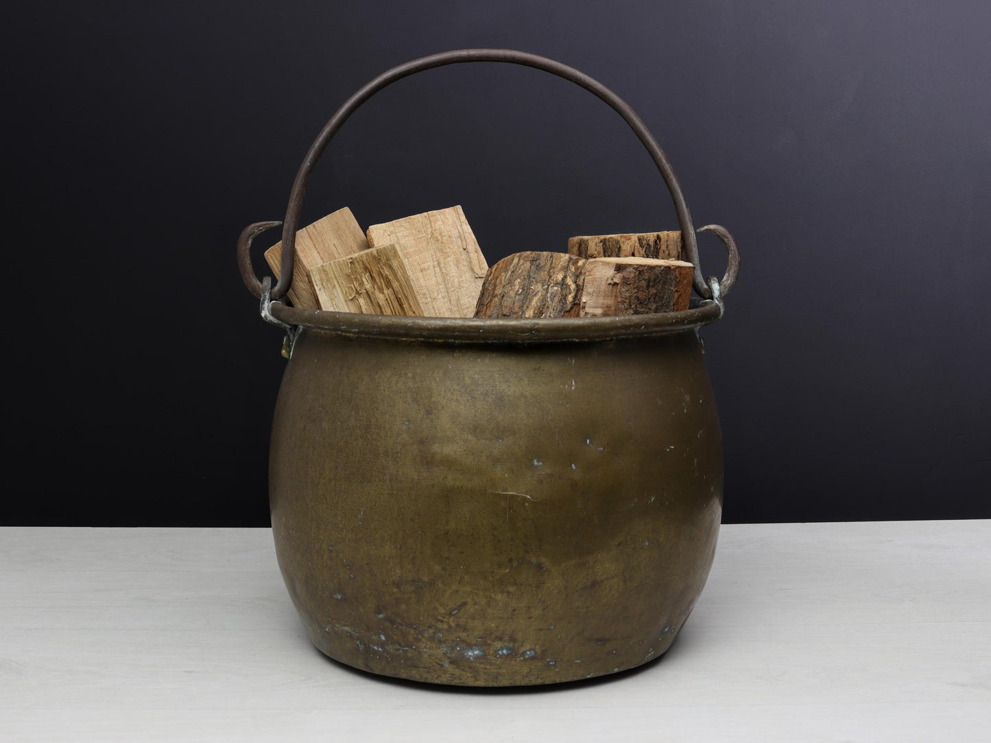 Antique Brass Kettle Cauldron - Late 1800s Copper Finish Firewood Log Holder