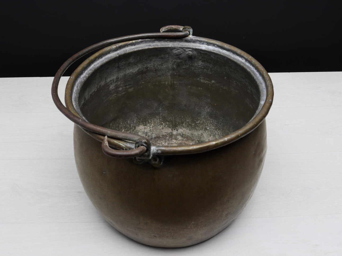 Antique Brass Kettle Cauldron - Late 1800s Copper Finish Firewood Log Holder