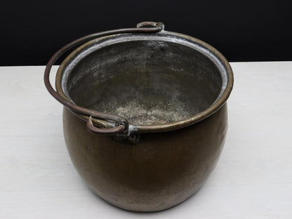 Antique Brass Kettle Cauldron - Late 1800s Copper Finish Firewood Log Holder