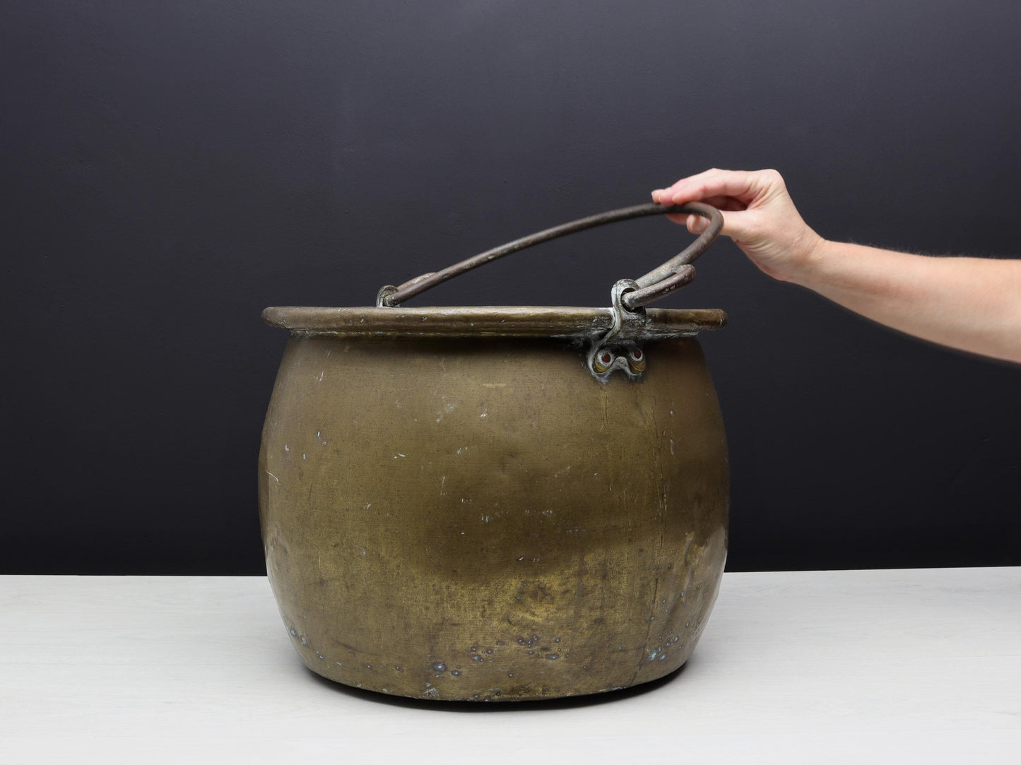 Antique Brass Kettle Cauldron - Late 1800s Copper Finish Firewood Log Holder