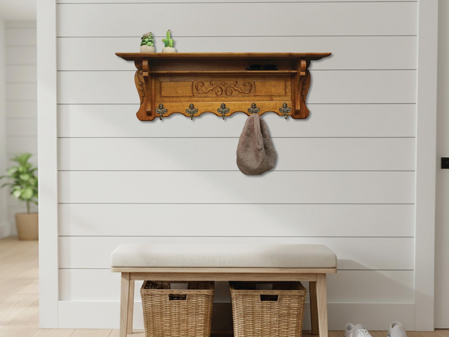 Vintage oak wall coat rack with shelf and five brass hooks. 1940s Mid-century Belgian entryway organizer.