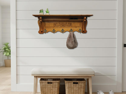 Vintage oak wall coat rack with shelf and five brass hooks. 1940s Mid-century Belgian entryway organizer.