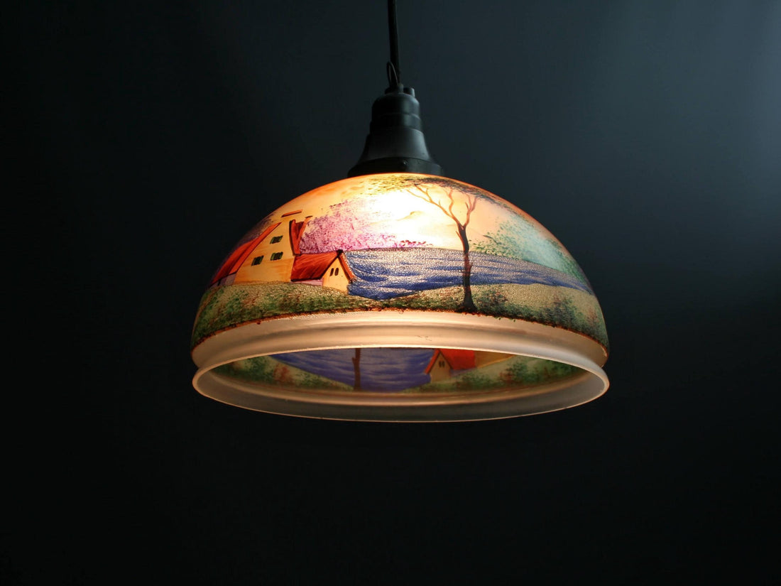 Vintage Hand-Painted Glass Pendant Light from Belgium-Unique Hanging Light-Vintage Home Decor