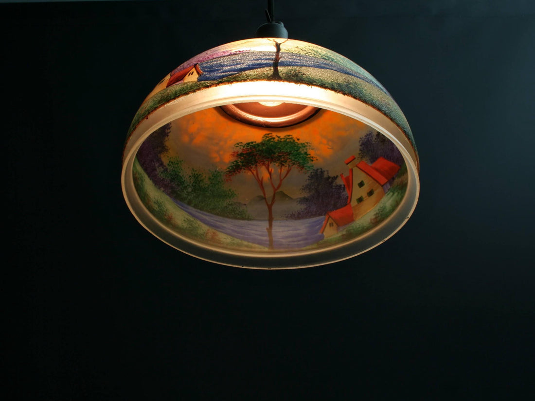 Vintage Hand-Painted Glass Pendant Light from Belgium-Unique Hanging Light-Vintage Home Decor