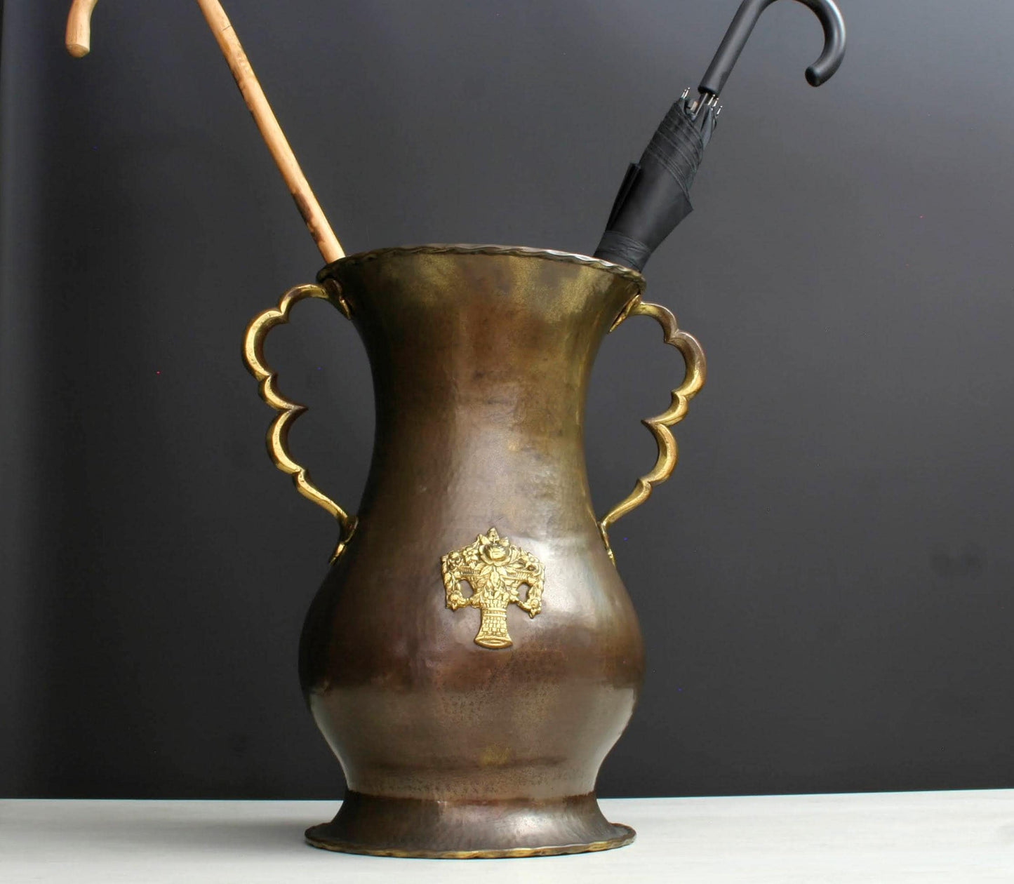 Vintage Copper Umbrella Stand with Brass Handles-Belgian Mid-Century Vintage Home Decor