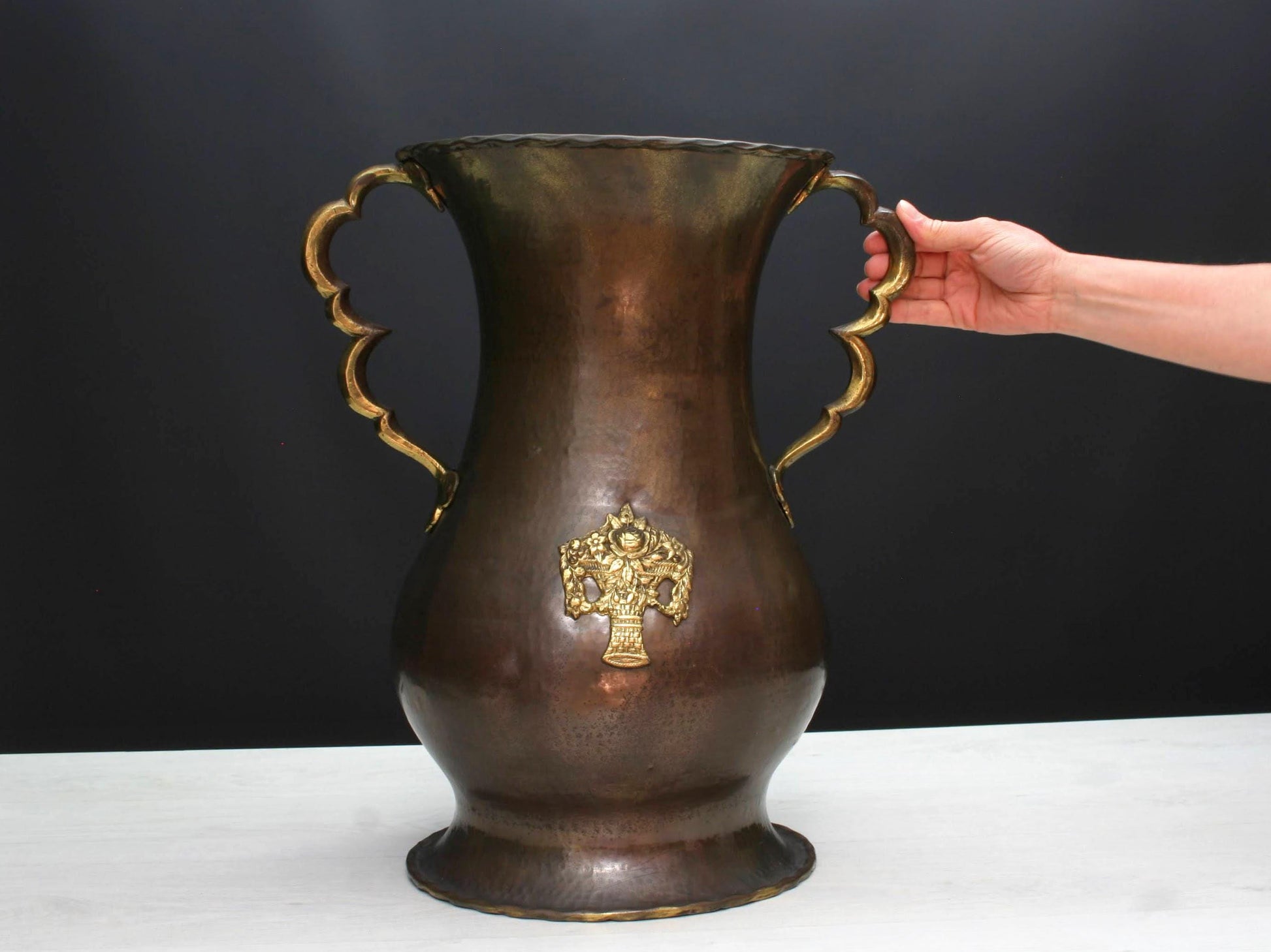 Vintage Copper Umbrella Stand with Brass Handles-Belgian Mid-Century Vintage Home Decor