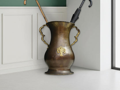 Vintage copper umbrella stand with brass handles. Rustic Belgian entryway decor for modern farmhouse decor.