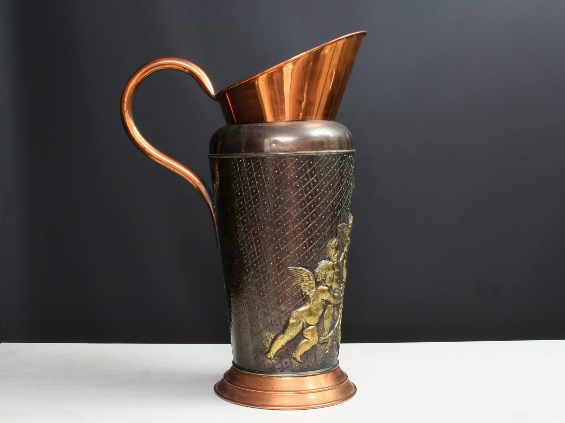 Vintage Two-Tone Copper Umbrella Stand with Brass Cherubs-Belgian Vintage Home Decor