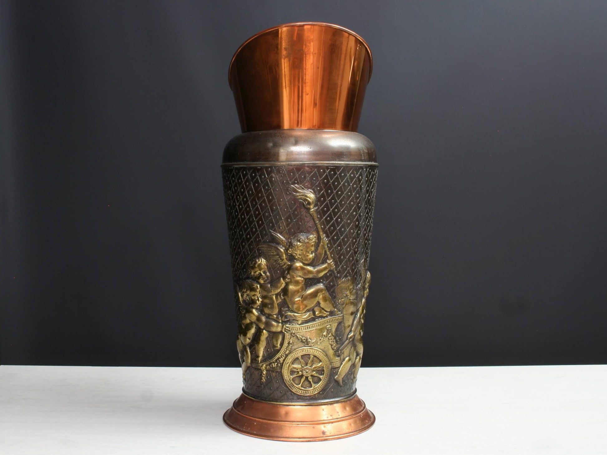 Vintage Two-Tone Copper Umbrella Stand with Brass Cherubs-Belgian Vintage Home Decor