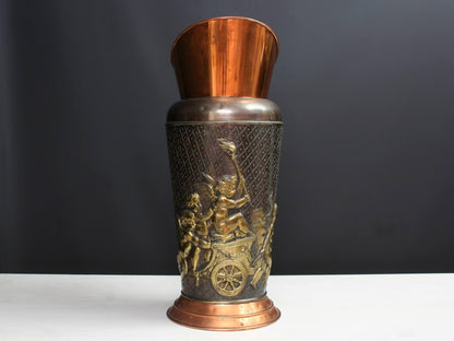 Vintage Two-Tone Copper Umbrella Stand with Brass Cherubs-Belgian Vintage Home Decor