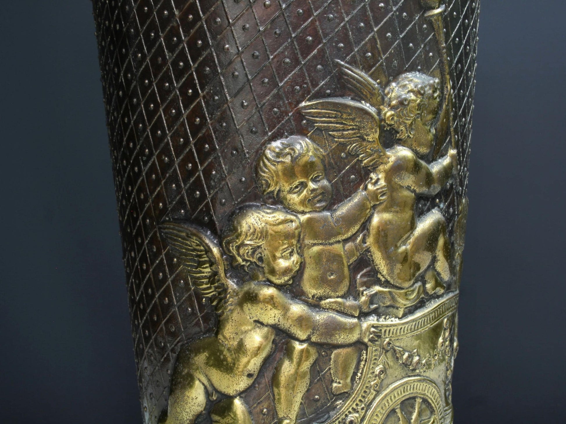 Vintage Two-Tone Copper Umbrella Stand with Brass Cherubs-Belgian Vintage Home Decor
