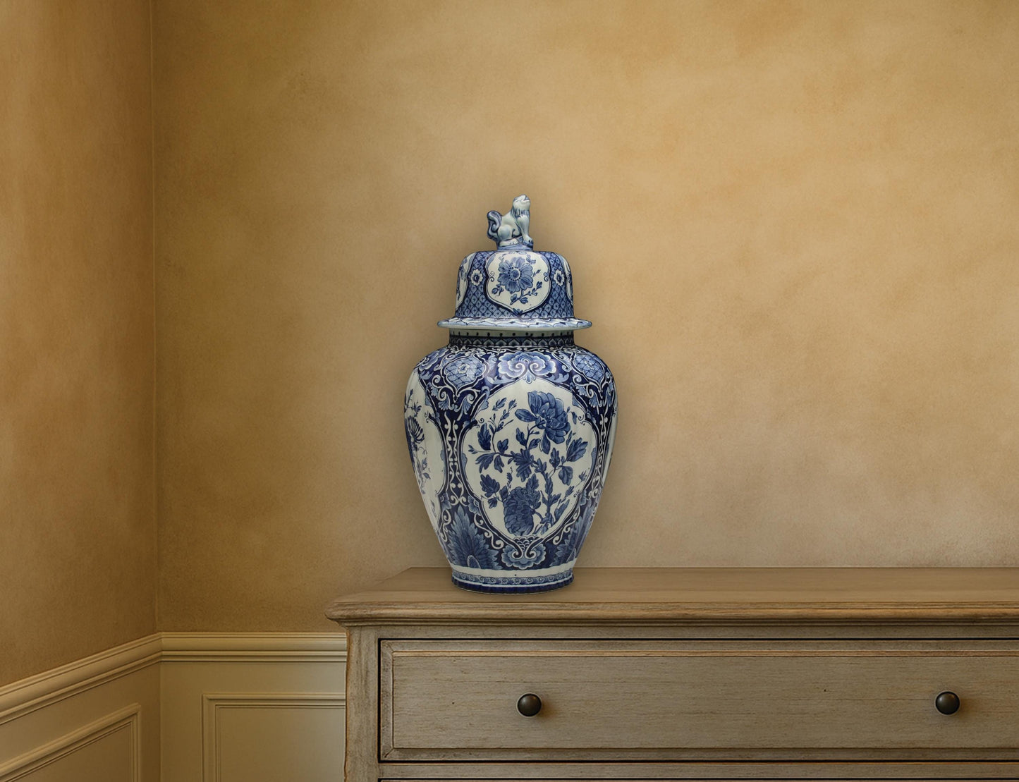 Large vintage Delft blue ginger jar with foo dog lid. Authentic 1950s Petrus Regout Dutch delft pottery. Blue and white ceramic vase with floral design, perfect for vintage home decor or as a unique urn