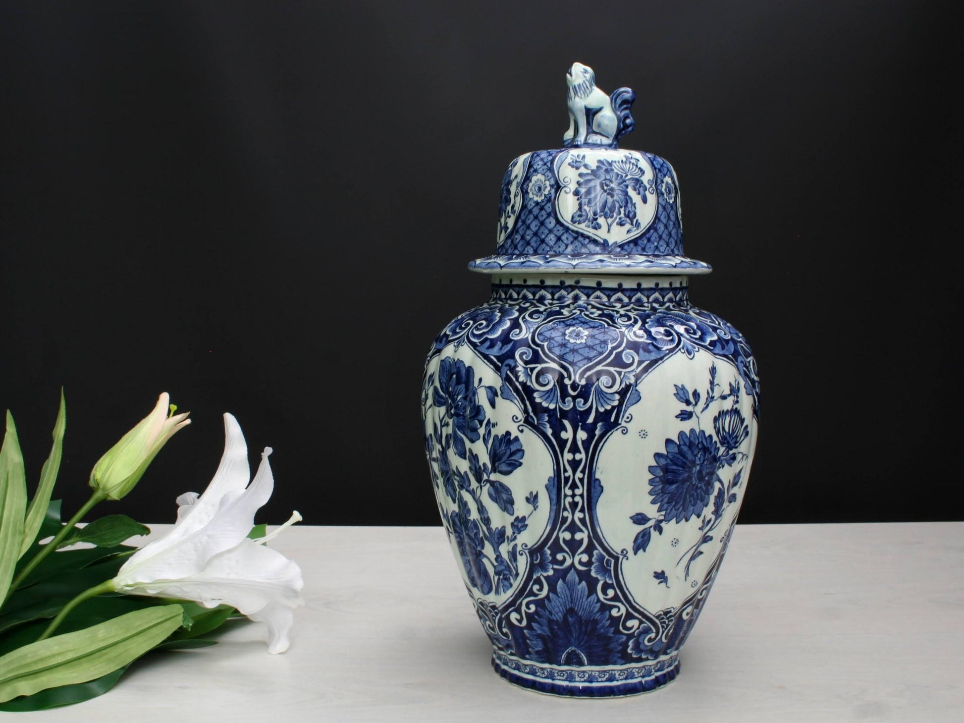 Delft Blue and White Vase -Large Ceramic Ginger Jar with Foo Dog Lid -Delft Pottery