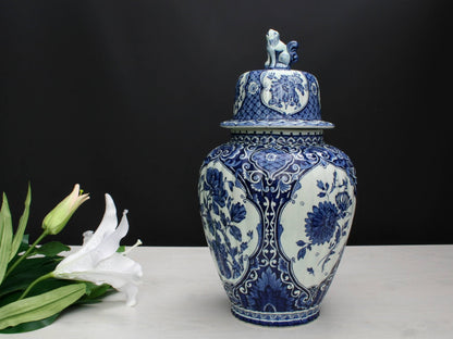 Delft Blue and White Vase -Large Ceramic Ginger Jar with Foo Dog Lid -Delft Pottery