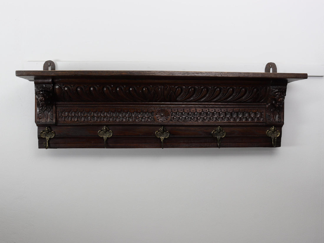 Antique Mechelen Style Coat Rack with Shelf – Wall Mount Entryway Decor