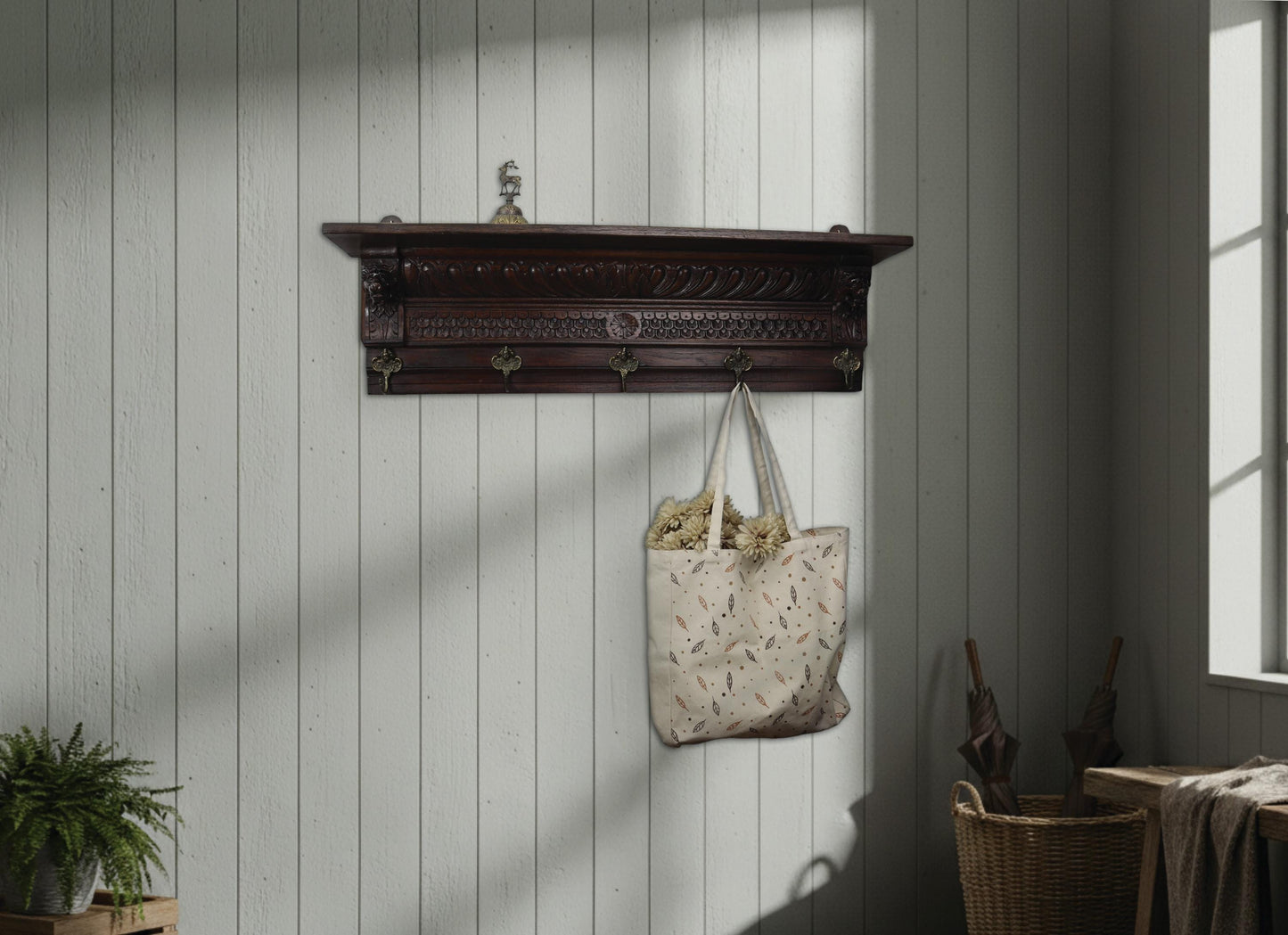 Antique coat rack with shelf featuring Renaissance Revival lion carvings and five brass putto hooks. A Mechelen style wall mount coat rack for vintage home decor.