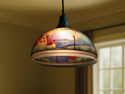 Vintage Belgian glass pendant light with hand-painted cottage scene. Unique hanging light for entryway lighting. Mid-century vintage lighting and unique gift ideas for vintage home decor.
