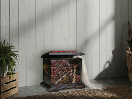 Vintage home decor wooden storage chest, estimated mid century. Handmade in Spain. Carved with figure and wine barrels. Red studded seat. Functions as mudroom bench, entryway bench, or suggestion box.