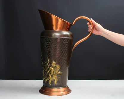 Vintage Two-Tone Copper Umbrella Stand with Brass Cherubs-Belgian Vintage Home Decor