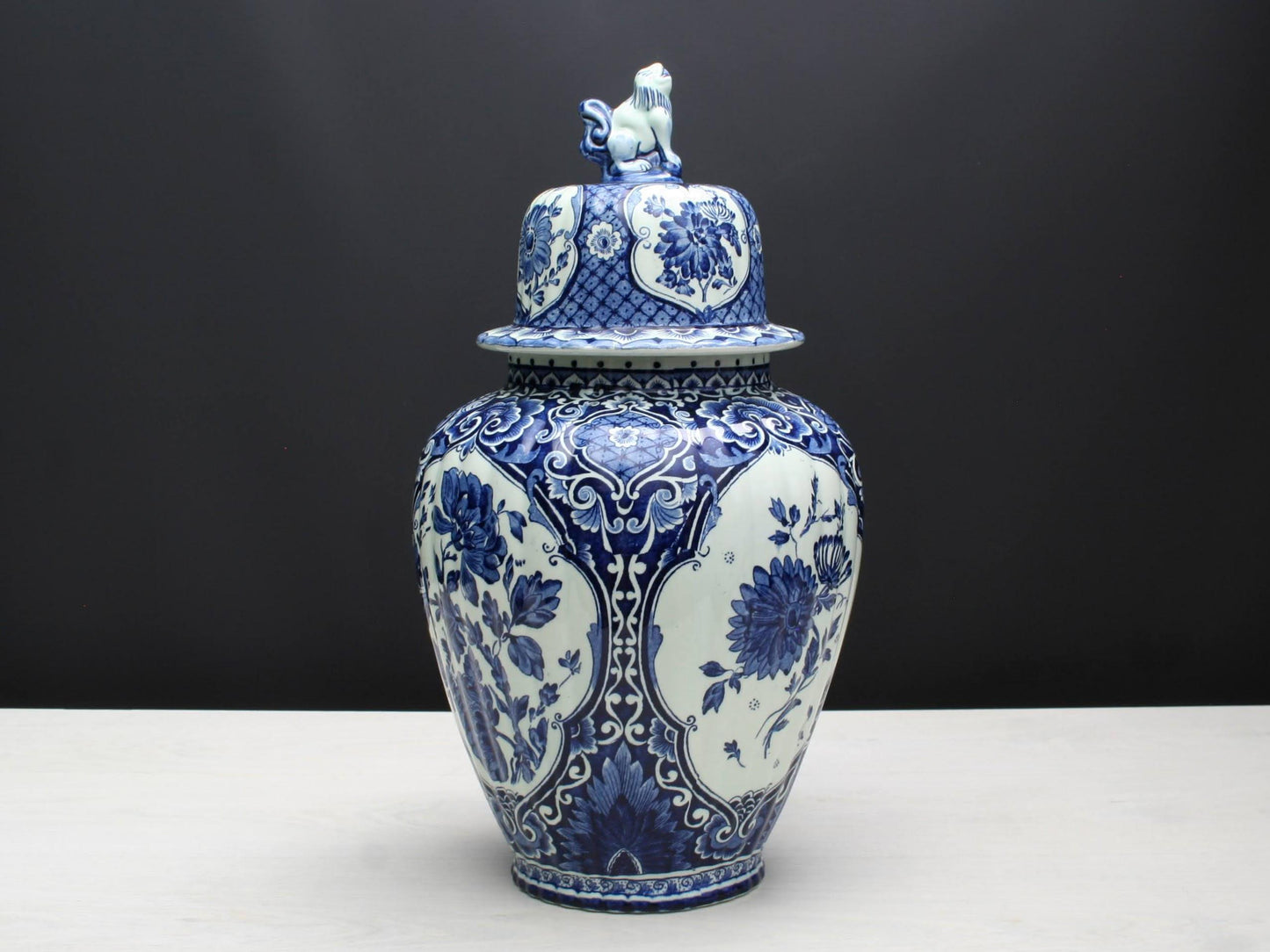 Delft Blue and White Vase -Large Ceramic Ginger Jar with Foo Dog Lid -Delft Pottery