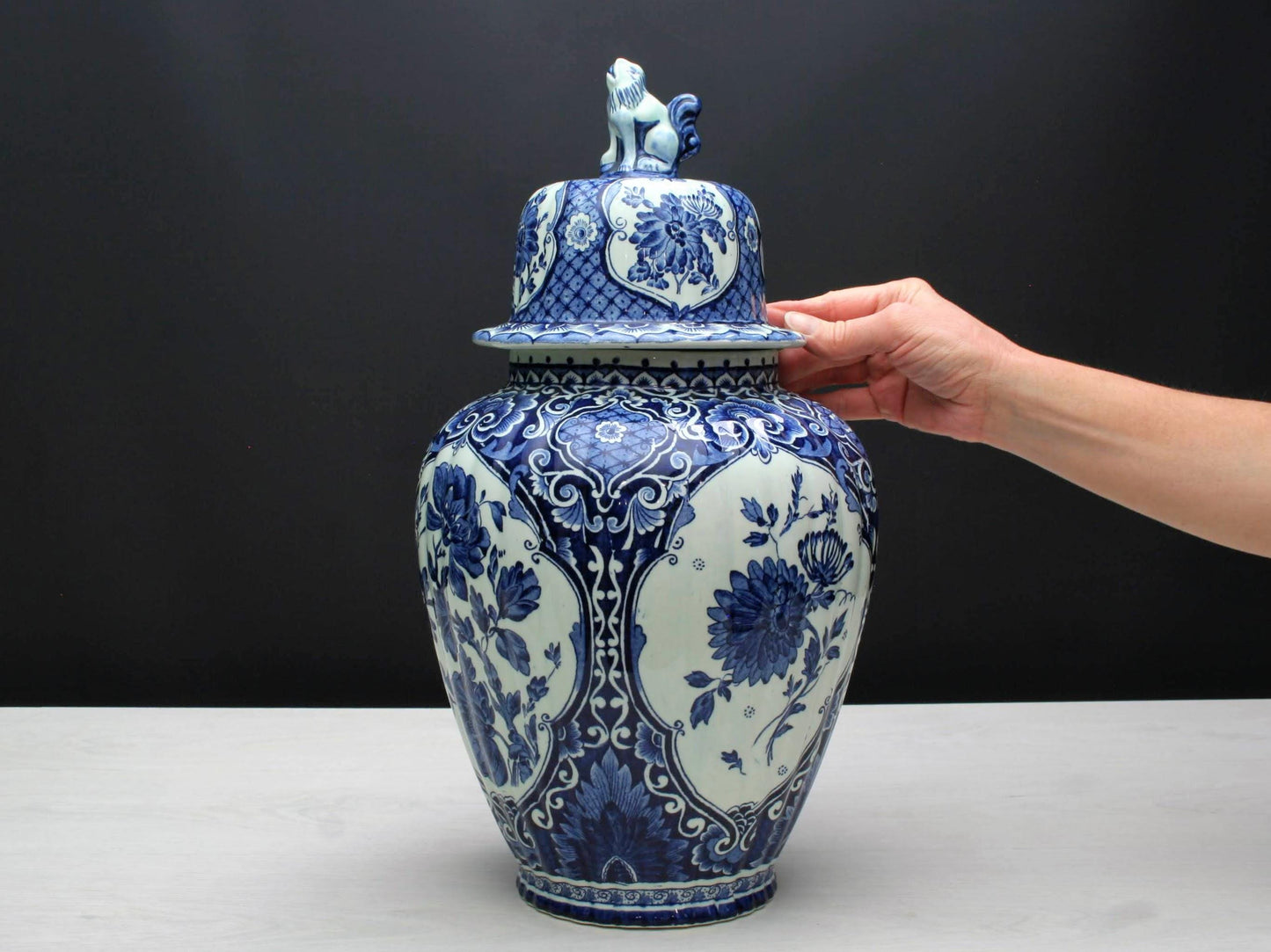 Delft Blue and White Vase -Large Ceramic Ginger Jar with Foo Dog Lid -Delft Pottery