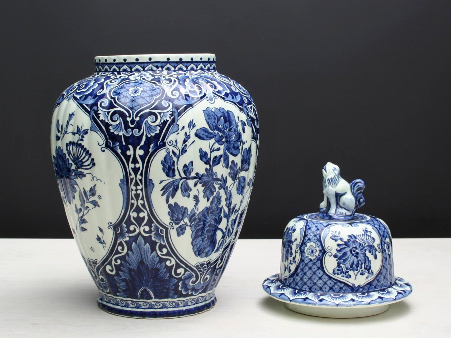 Delft Blue and White Vase -Large Ceramic Ginger Jar with Foo Dog Lid -Delft Pottery