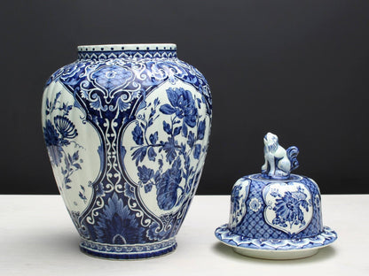 Delft Blue and White Vase -Large Ceramic Ginger Jar with Foo Dog Lid -Delft Pottery