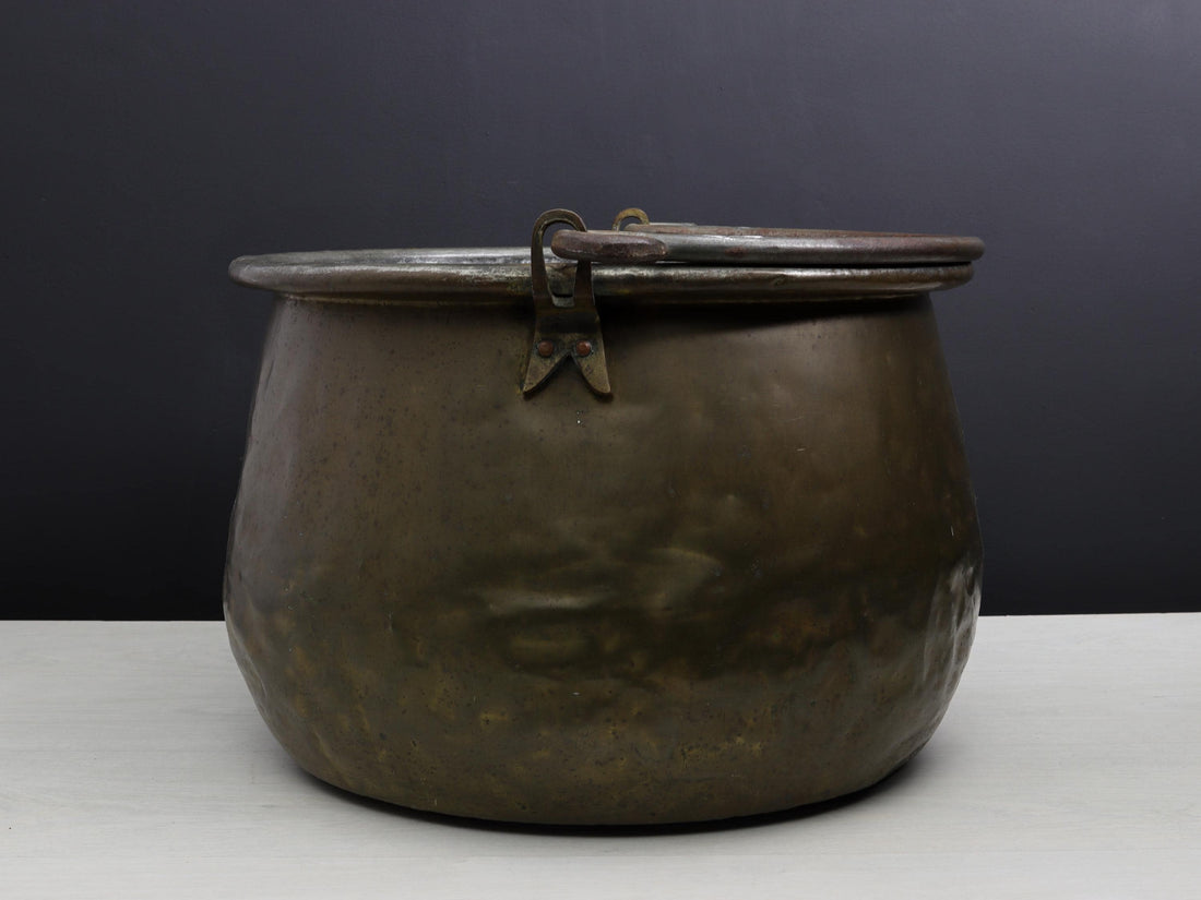 Antique Kettle and Fireplace Log Holder for Rustic Home Decor