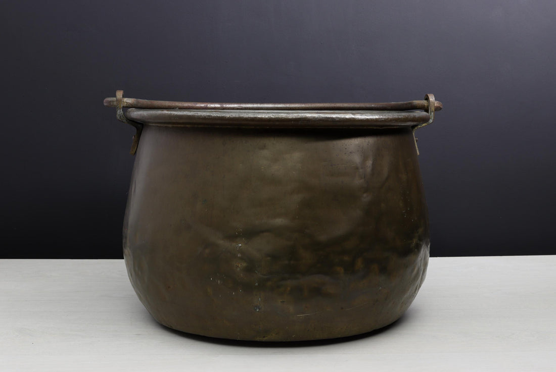 Antique Kettle and Fireplace Log Holder for Rustic Home Decor
