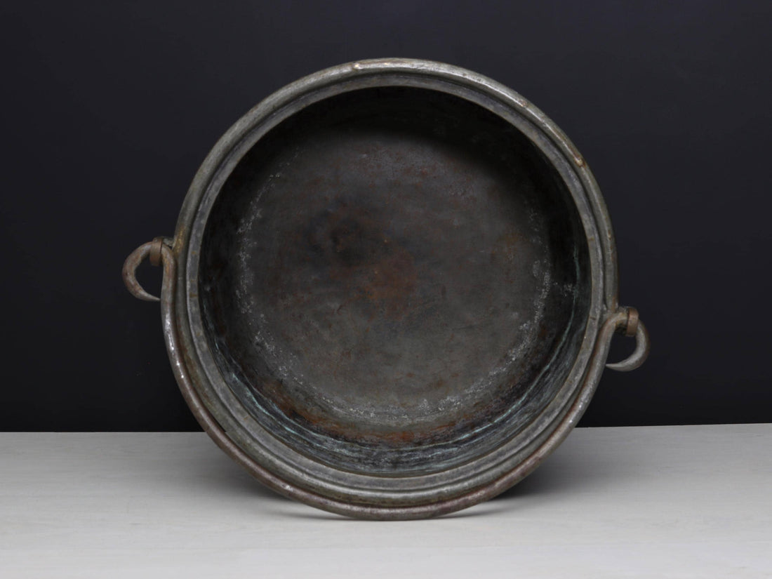 Antique Kettle and Fireplace Log Holder for Rustic Home Decor