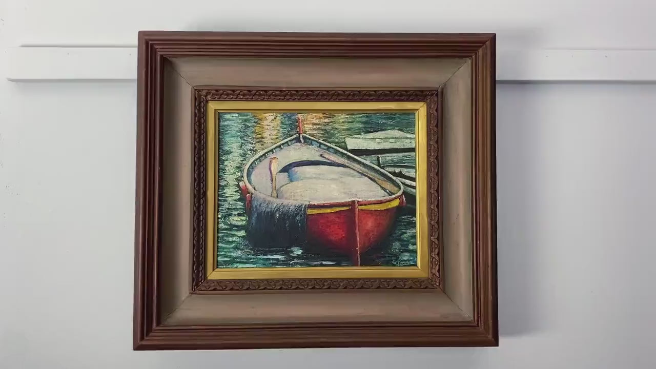 Vintage Boat Oil Painting, 1978 Nautical Decor, Camogli Italy Original Artwork, European Coastal Art