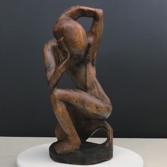 Wooden Art Sculpture-Wood Carving | Thinking Man Statue-Wooden Statue