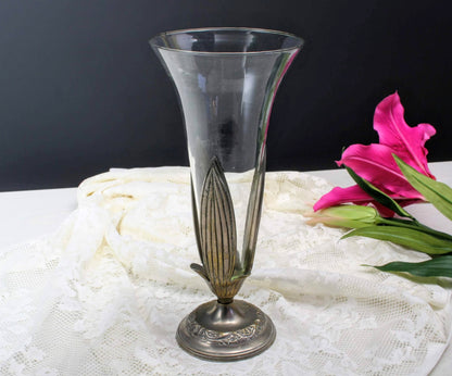 Glass vase with silver plated stand in shape of flower stems