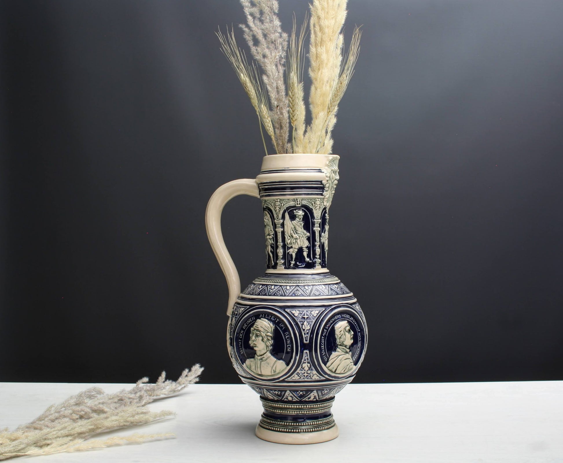 Large German Beer Stein | Pottery Relief Barware - Renaissance Portraits