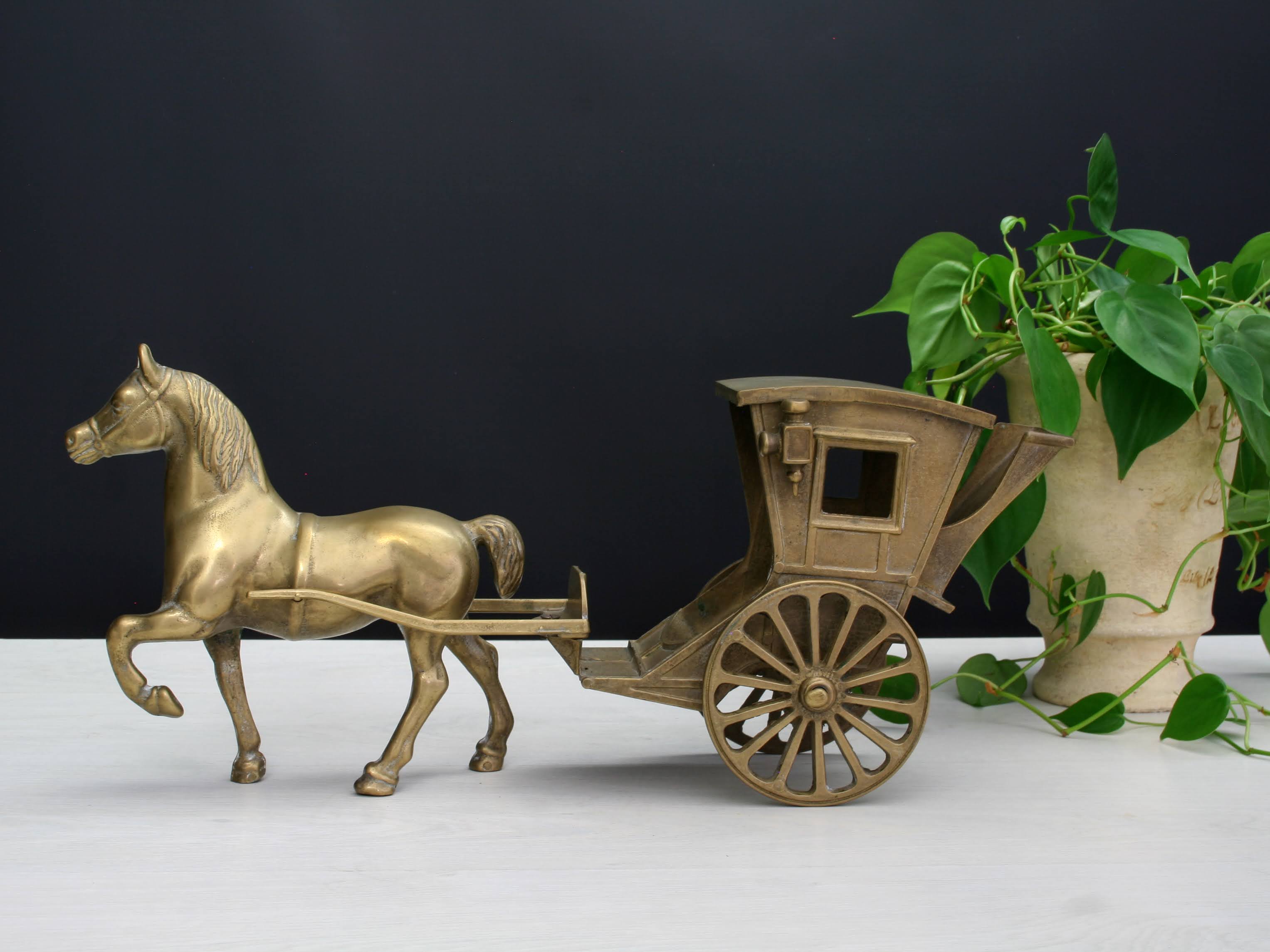 Vintage Brass Chariot & Horse Cart Moving Wheels 