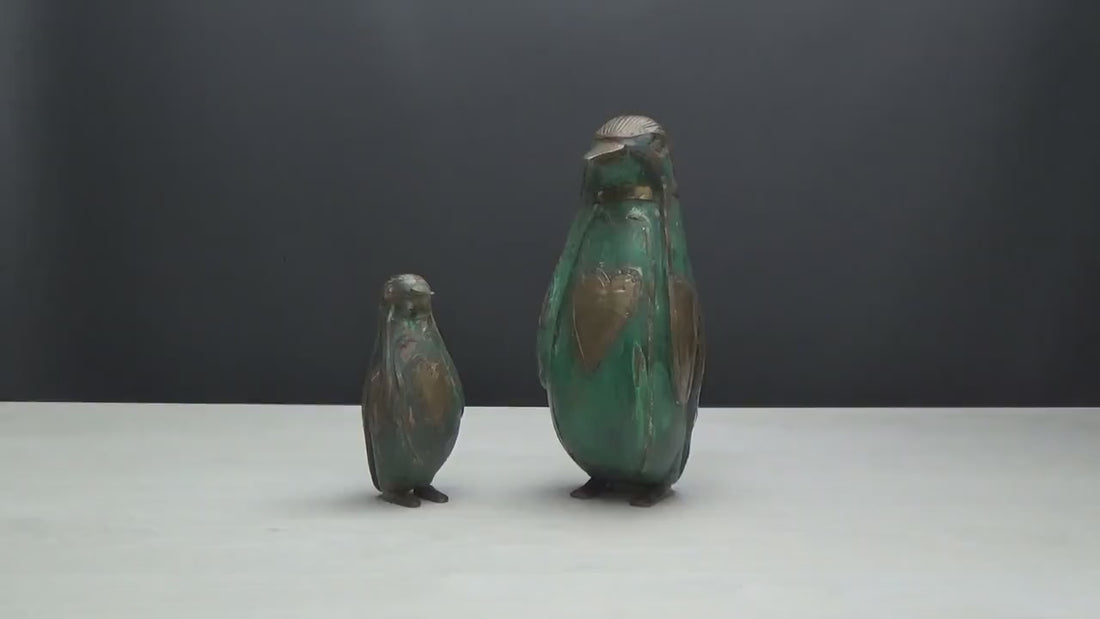 Pair of Penguin Figurines | Brass Wooden Birds| Decorative Bird Figurines | Bird Lovers Gift, Vintage Decor