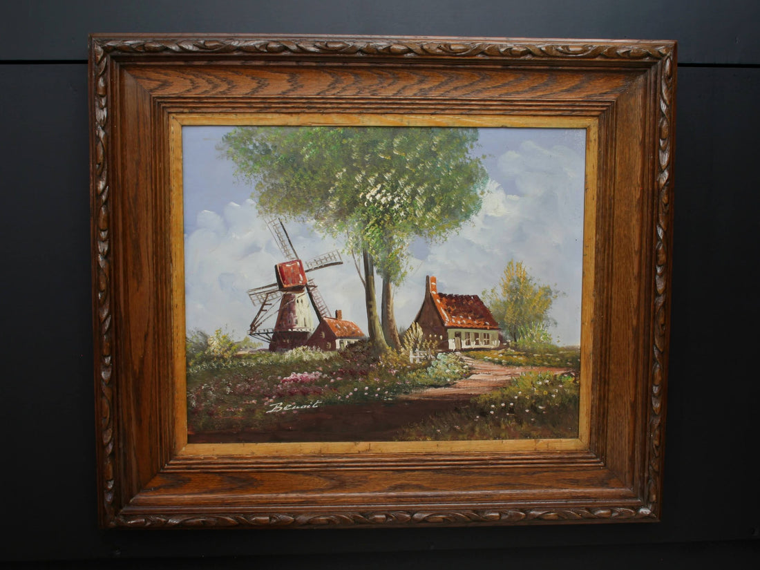 This is a beautiful signed original artwork from Belgium. This vintage painting is a European art piece, likely from the early to mid 20th century. The style of dutch painting is a favorite with its beautiful scenery of farmhouses and a windmill. This farmhouse painting is perfect for the modern or vintage home decor and a unique gift idea  for that someone special.