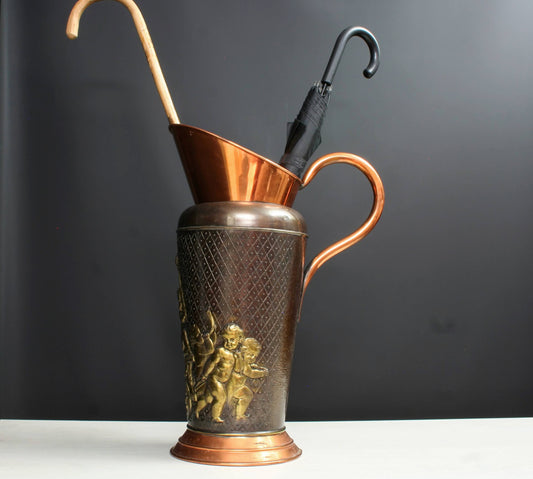 Copper & Brass Umbrella Holder | Cane Holder - Cherub Scene