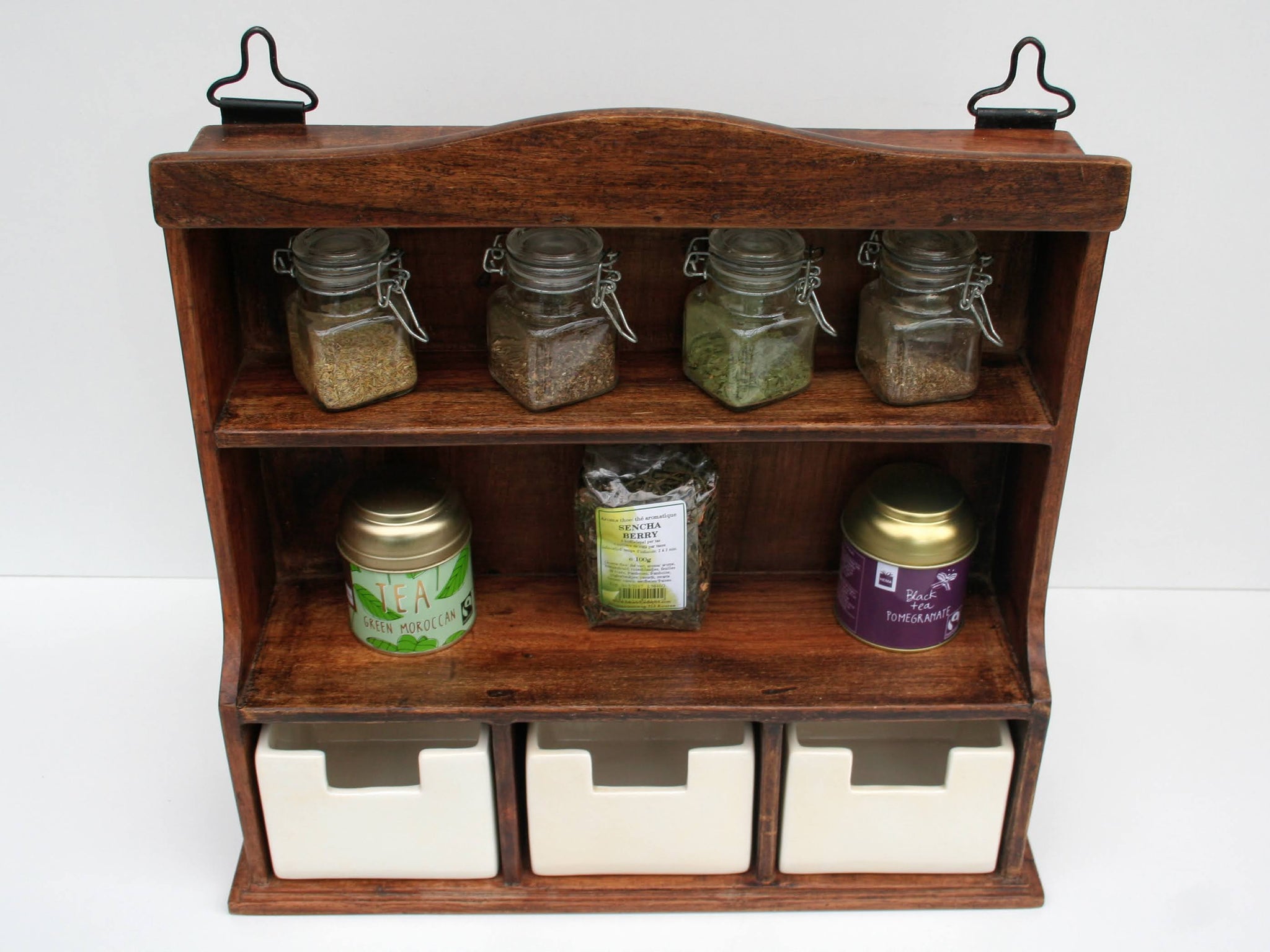 RETRO SPICE RACK, Wall Mount with Six (6) Decorative Spice Jars & Wooden  Holder