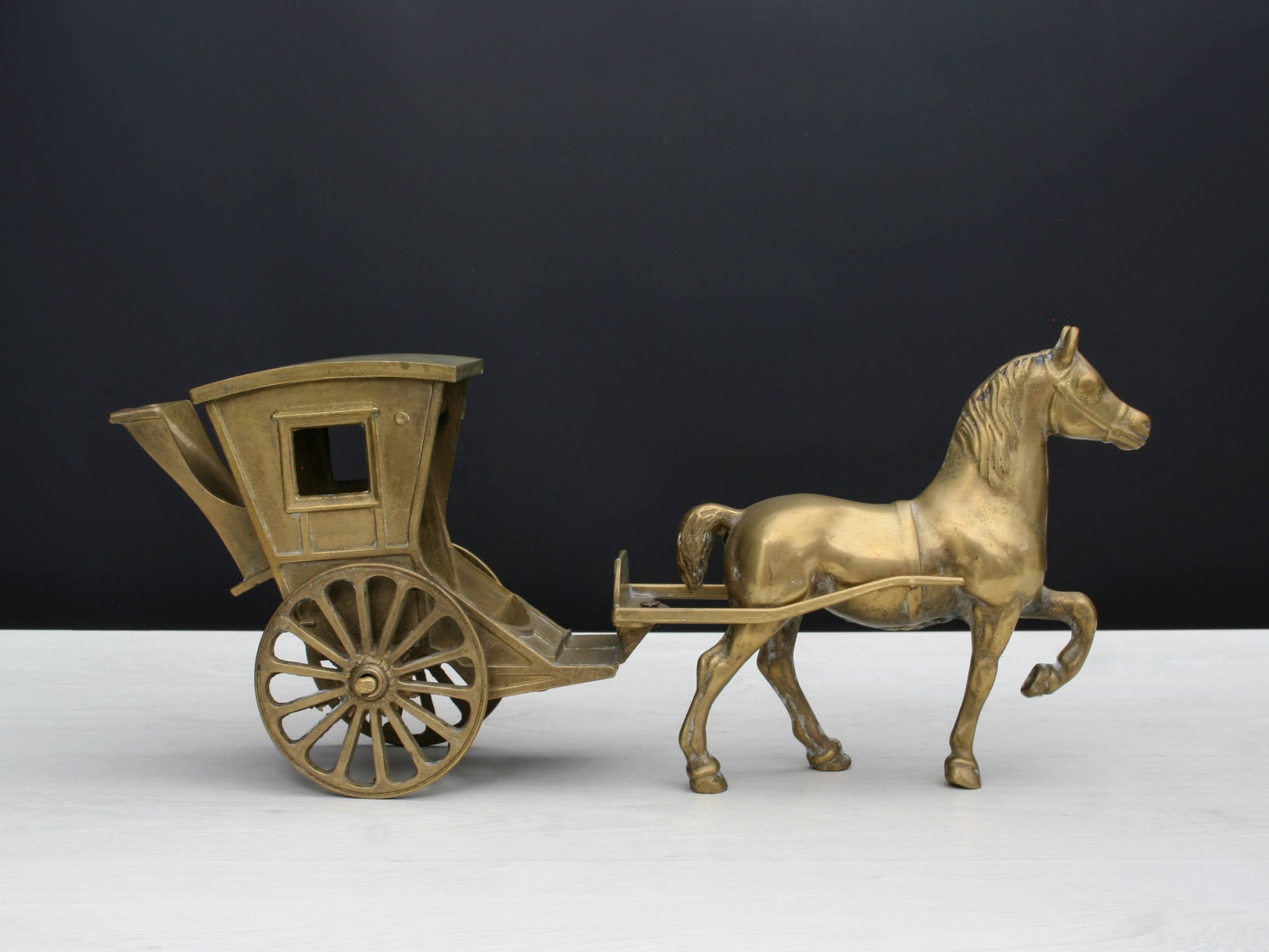 Vintage Brass Chariot & Horse Cart Moving Wheels 