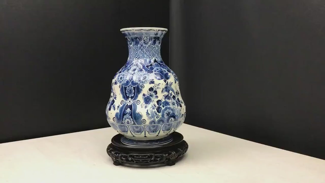 Delft Blue and White Vase with Wood Stand | Ceramic Vase for Home Decorations | Vintage Decor Flower Vase