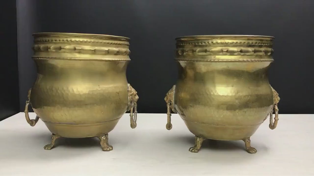 Video tour of Vintage Hammered Brass Lion Head Jardinieres showing 360-degree condition and patina details.
