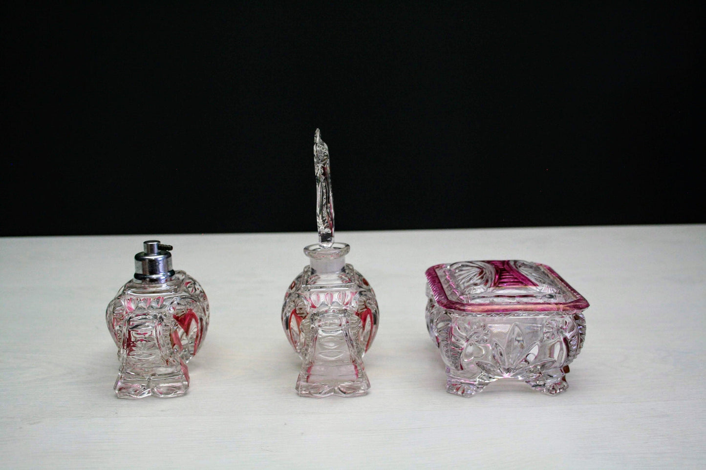 European-Antique Vanity Set-Perfume Bottle-Glass Jewelry Box-Unique Gift Ideas-Jewelry Storage-Perfume Atomizer-Vintage Home Decor-Antique