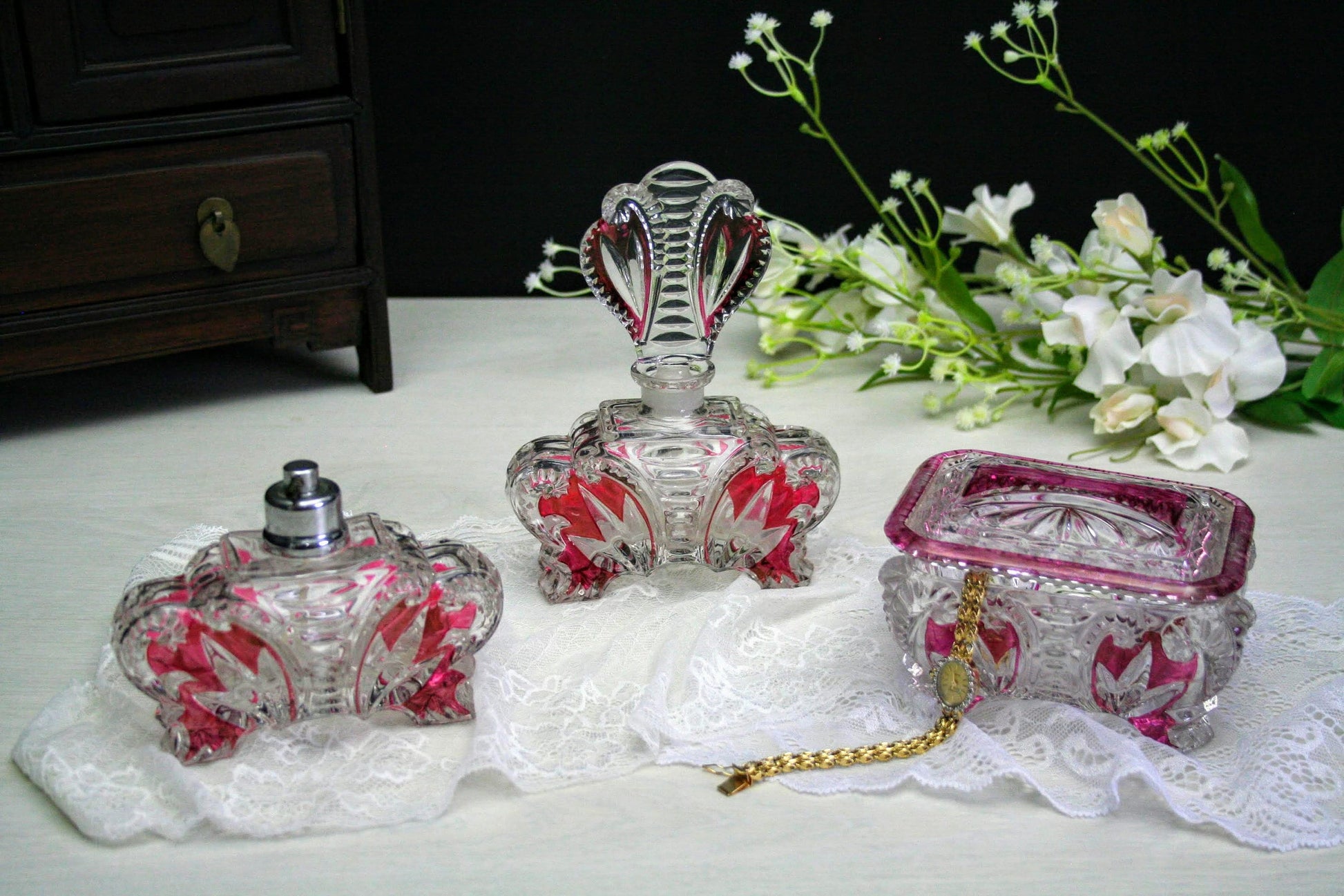 European-Antique Vanity Set-Perfume Bottle-Glass Jewelry Box-Unique Gift Ideas-Jewelry Storage-Perfume Atomizer-Vintage Home Decor-Antique